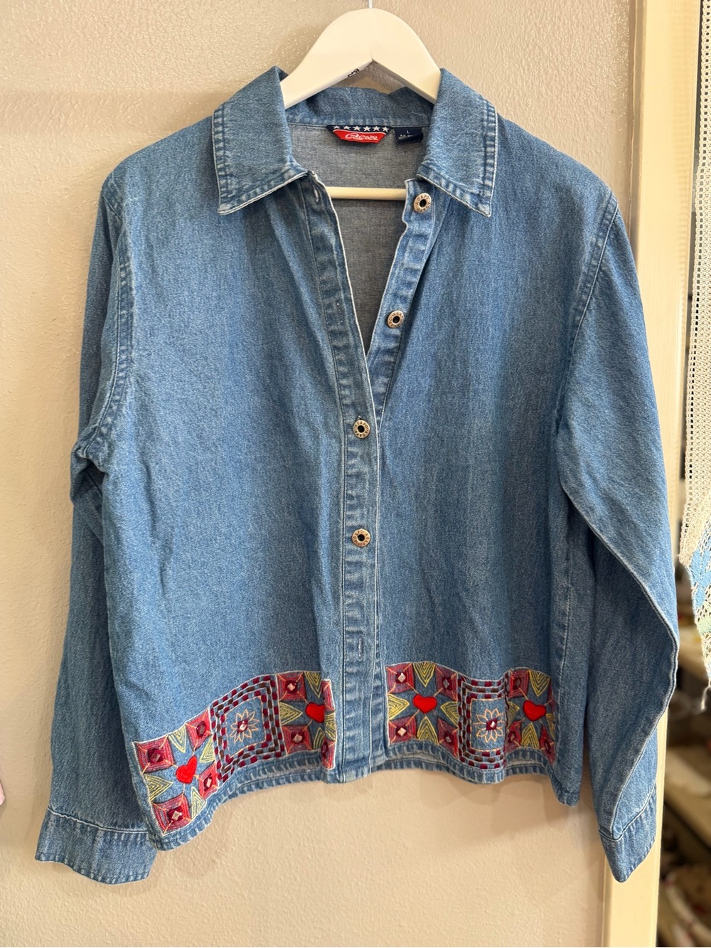 Embroidered Hem Light Blue Denim Jacket - Women's Jean Jacket